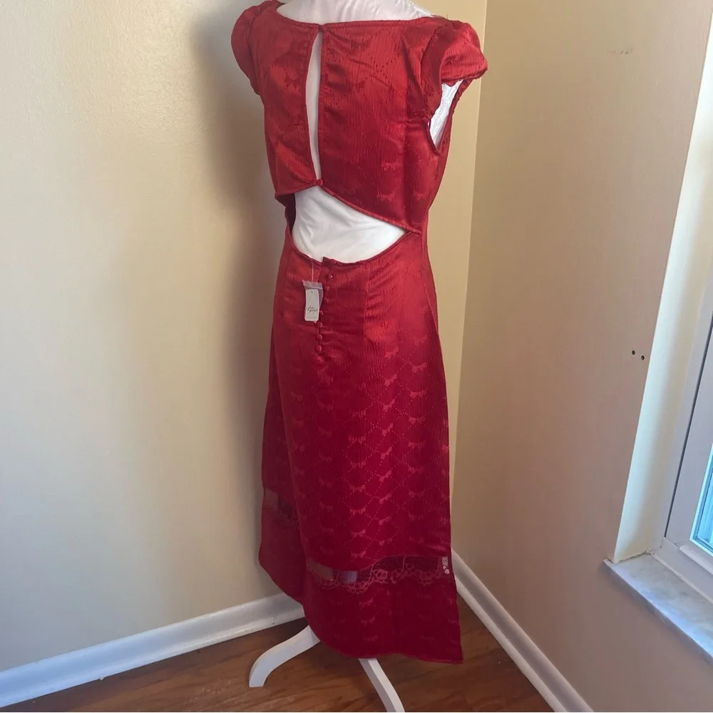 Free People Foolish Heart Midi Dress Red Dahlia Lace Satin NWT Romantic Boho S - Picture 5 of 11